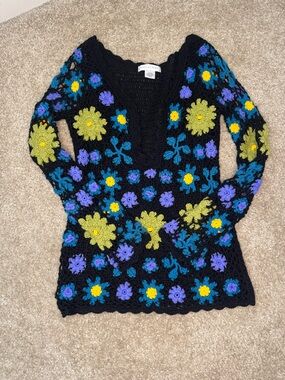 Black Floral Crochet V-Neck Sweater with Yellow & Purple Flowers